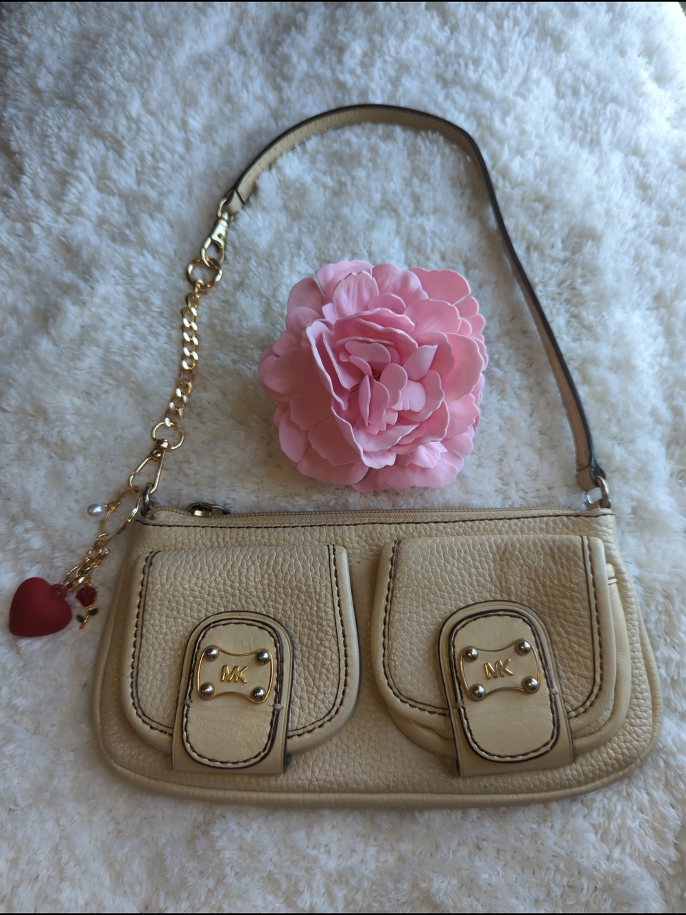 Michael Kors Cream Leather Mini Shoulder Bag with Gold Hardware Plus Free Charm